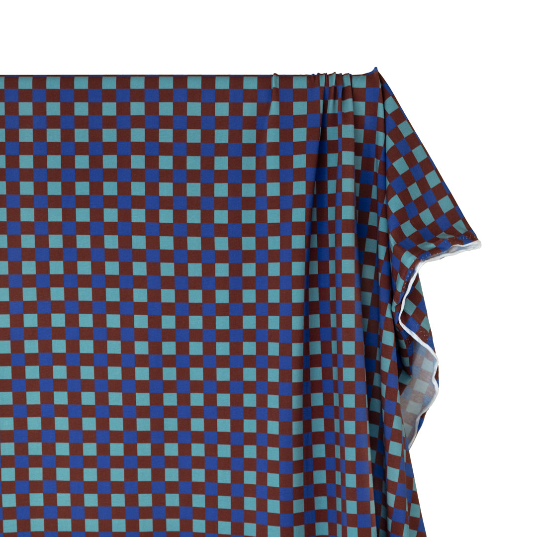 Disco Check Organic Cotton Jersey - Maroon/Lapis | Blackbird Fabrics