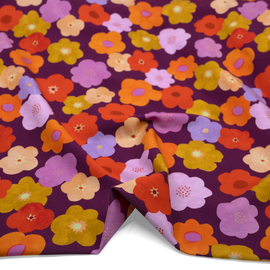 Bubble Blooms Organic Cotton Jersey - Fig/Multi | Blackbird Fabrics