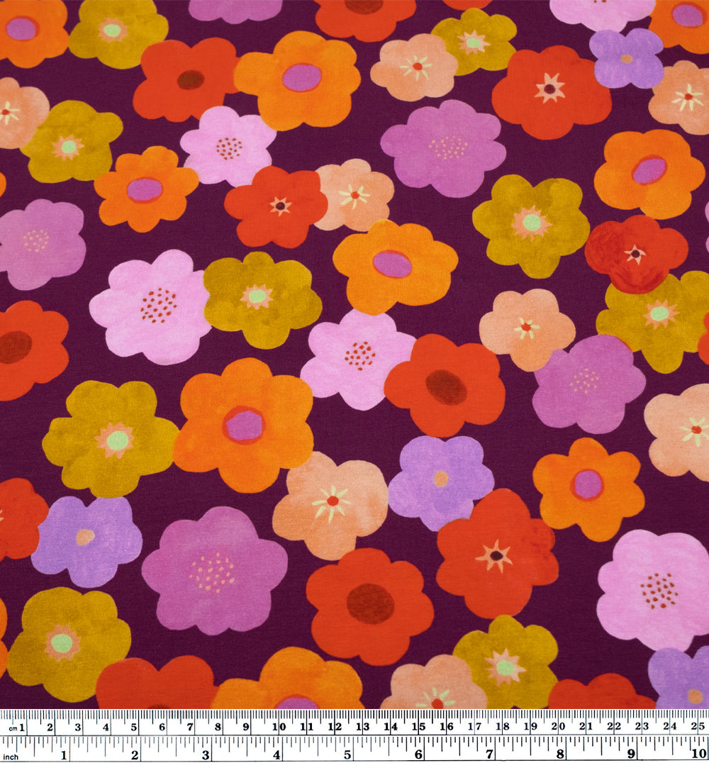 Bubble Blooms Organic Cotton Jersey - Fig/Multi | Blackbird Fabrics