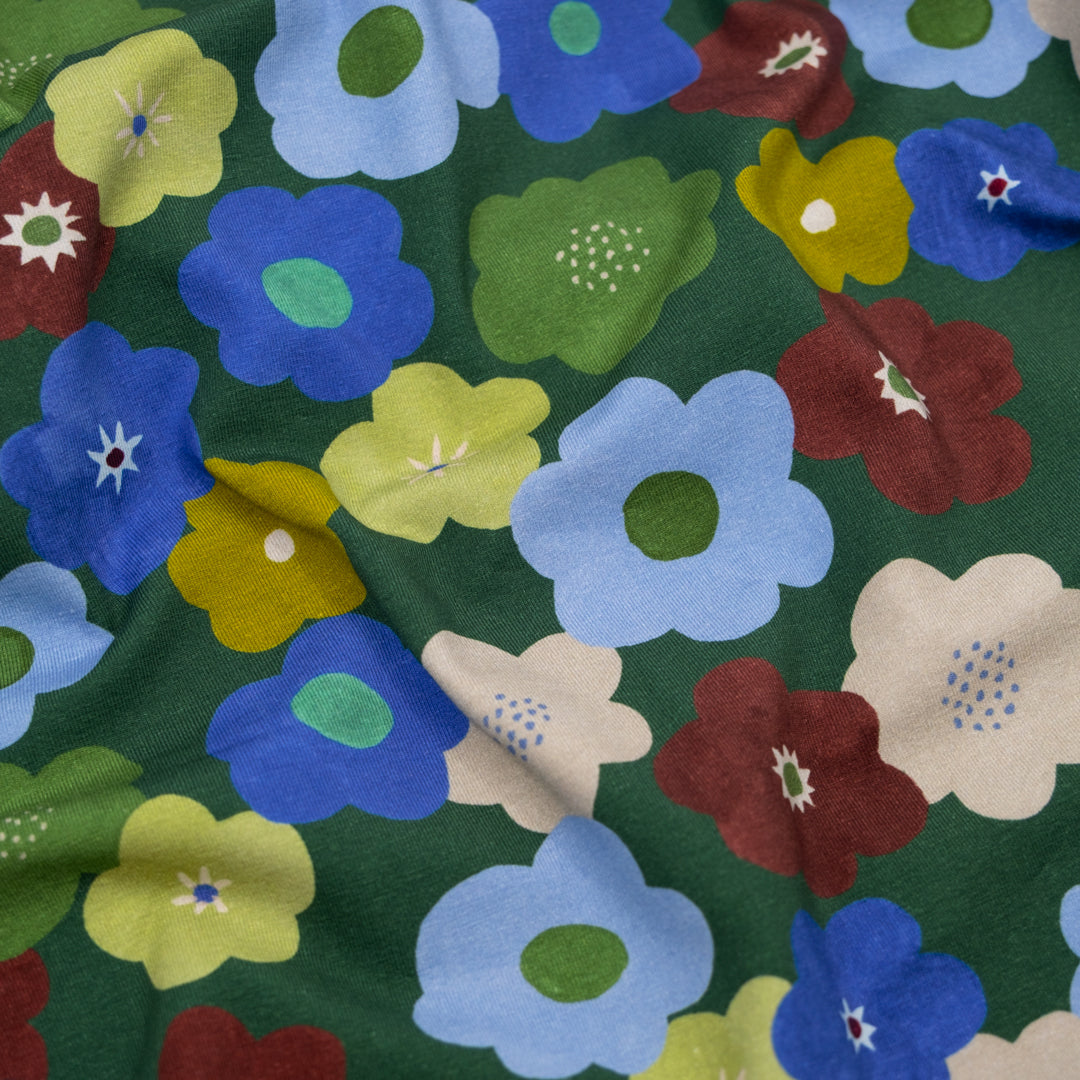 Bubble Blooms Organic Cotton Jersey - Evergreen/Multi | Blackbird Fabrics