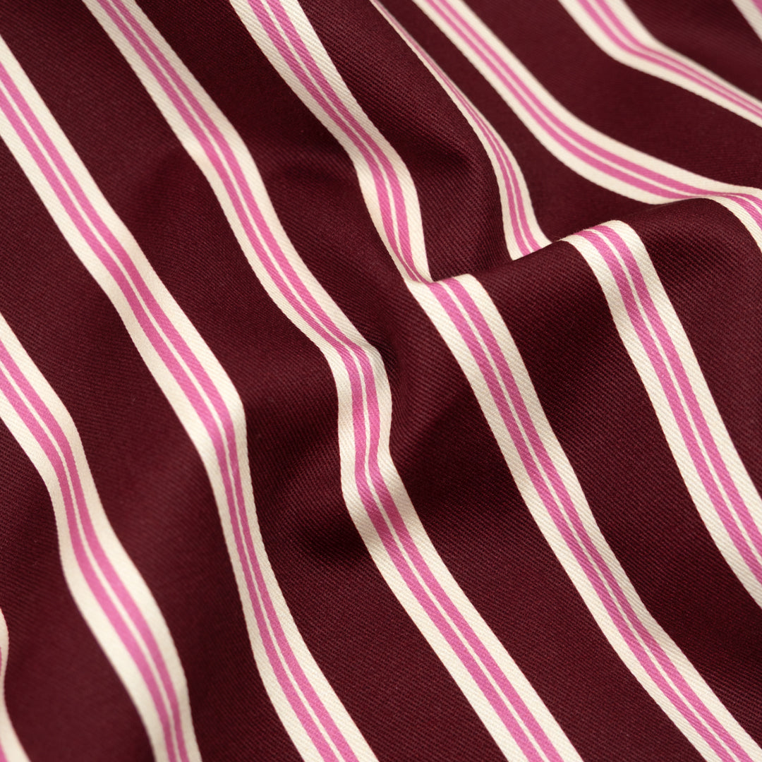 Bistro Stripe Printed Cotton Twill - Merlot/Gumdrop | Blackbird Fabrics