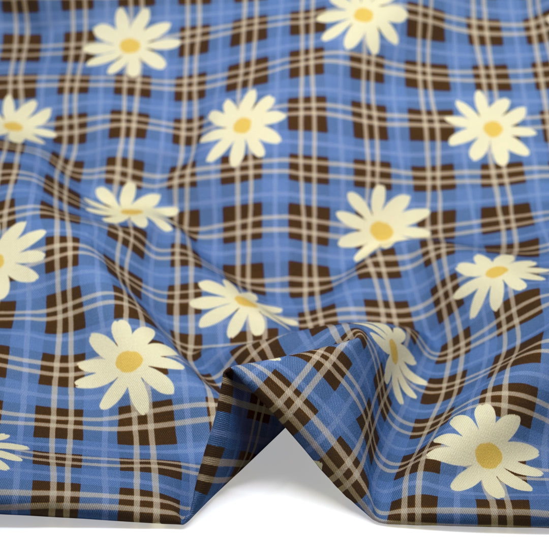 Spring Fling Printed Cotton Twill - Chocolate/Cornflower | Blackbird Fabrics