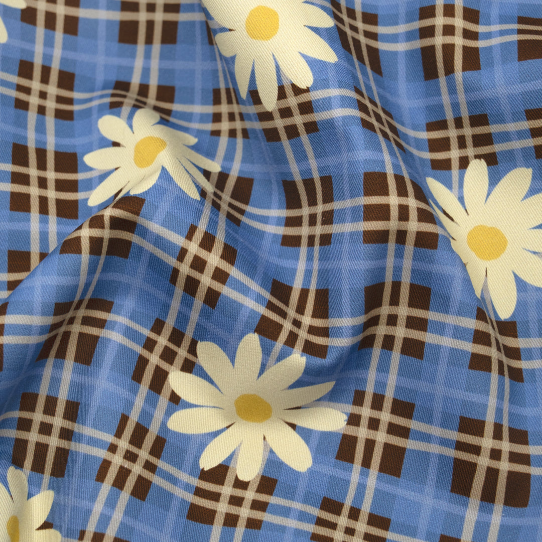 Spring Fling Printed Cotton Twill - Chocolate/Cornflower | Blackbird Fabrics