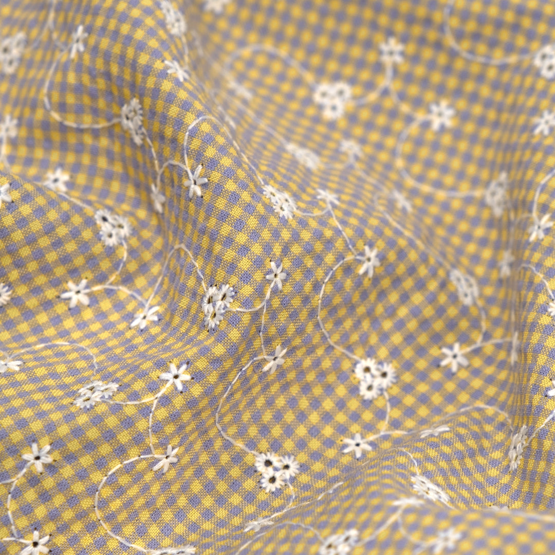 Frolicking Gingham Embroidered Eyelet - Bellflower/Marigold | Blackbird Fabrics