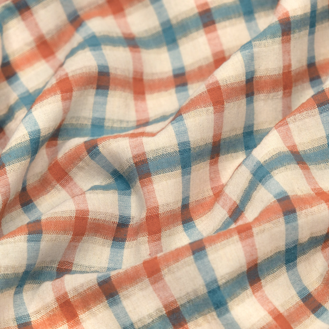 Sherbert Plaid Yarn Dyed Cotton Gauze - Persimmon/Ocean/Pebble | Blackbird Fabrics