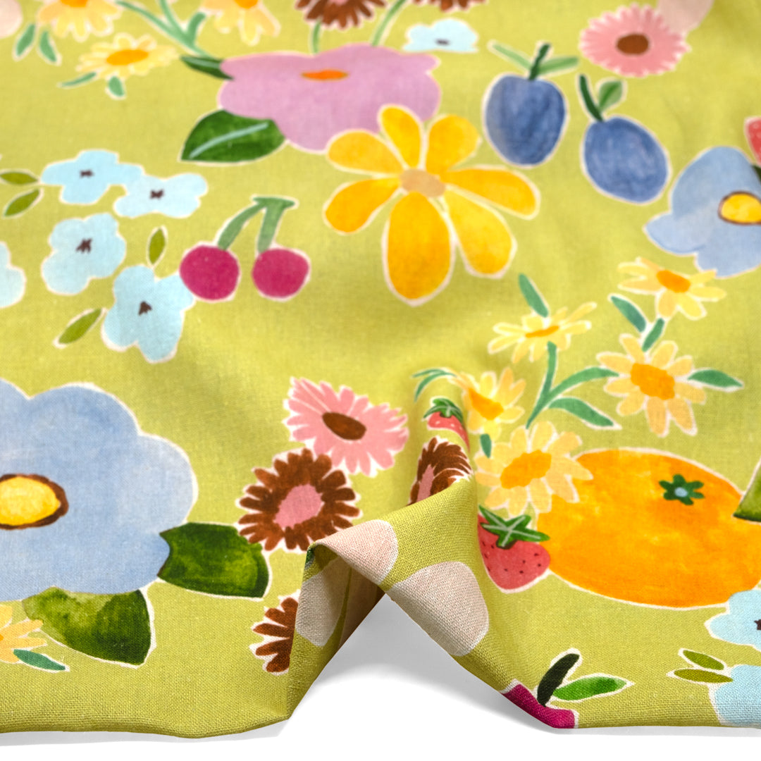 Fruity Floral Linen Viscose Blend - Peashoot/Multi | Blackbird Fabrics