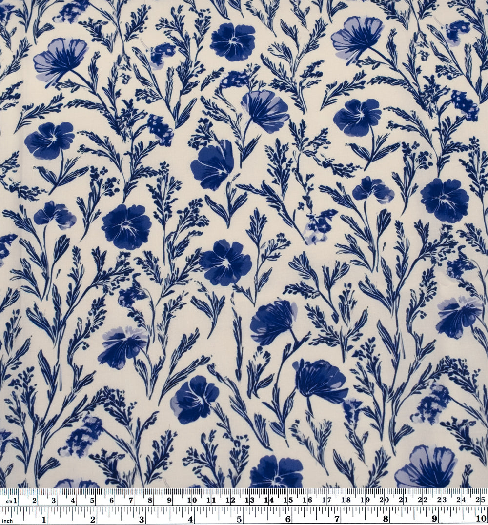Herbaceous Printed Cotton Lawn - Parchment/Sapphire | Blackbird Fabrics
