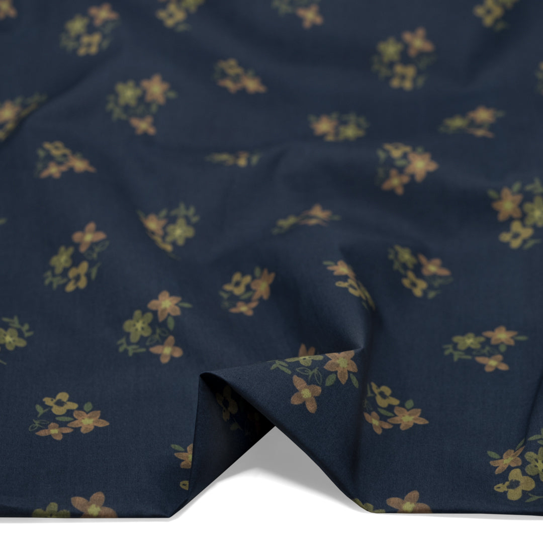 Memento Printed Cotton Lawn - Navy/Elmwood/Apricot | Blackbird Fabrics
