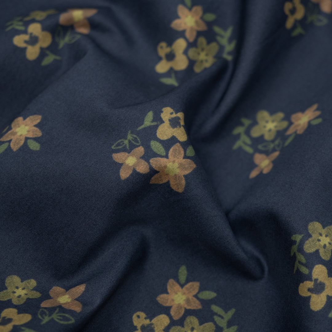 Memento Printed Cotton Lawn - Navy/Elmwood/Apricot | Blackbird Fabrics