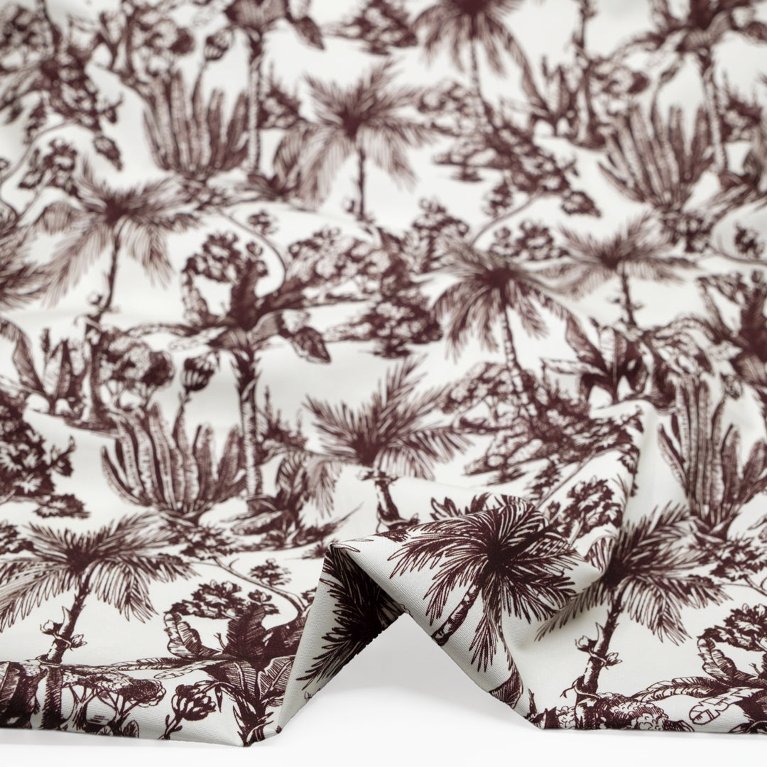 Lush Palms Printed 6oz Organic Cotton - Maroon/White | Blackbird Fabrics