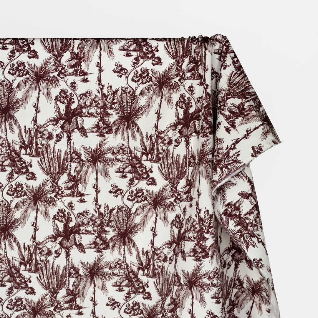 Lush Palms Printed 6oz Organic Cotton - Maroon/White | Blackbird Fabrics