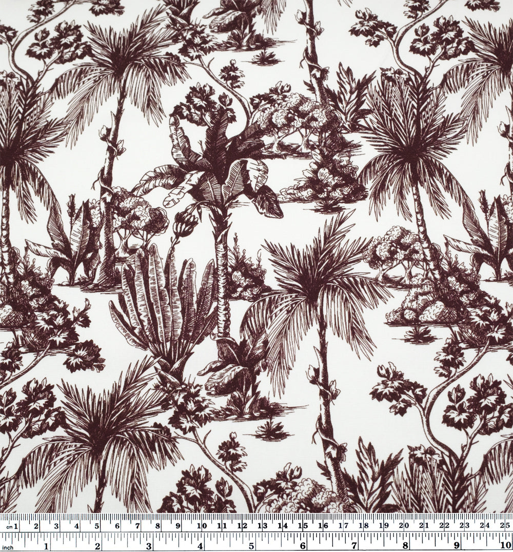 Lush Palms Printed 6oz Organic Cotton - Maroon/White | Blackbird Fabrics