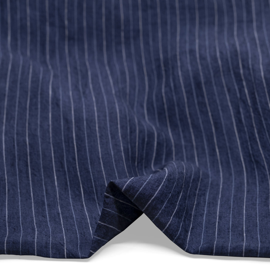 Pinstripe Stonewashed Linen - Denim | Blackbird Fabrics