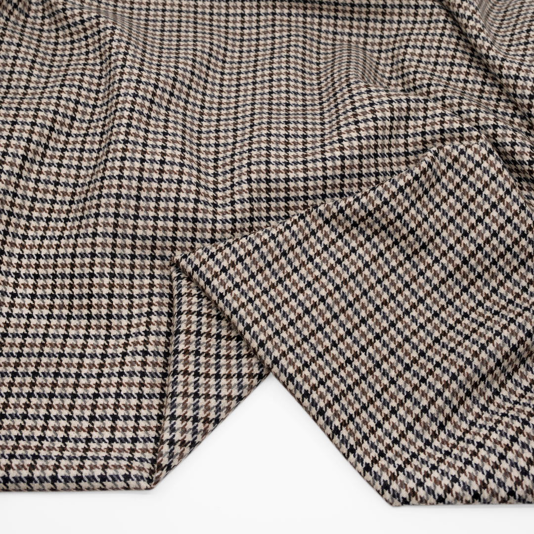 Houndstooth Wool Poly Suiting - Ivory/Chocolate/Charcoal | Blackbird Fabrics