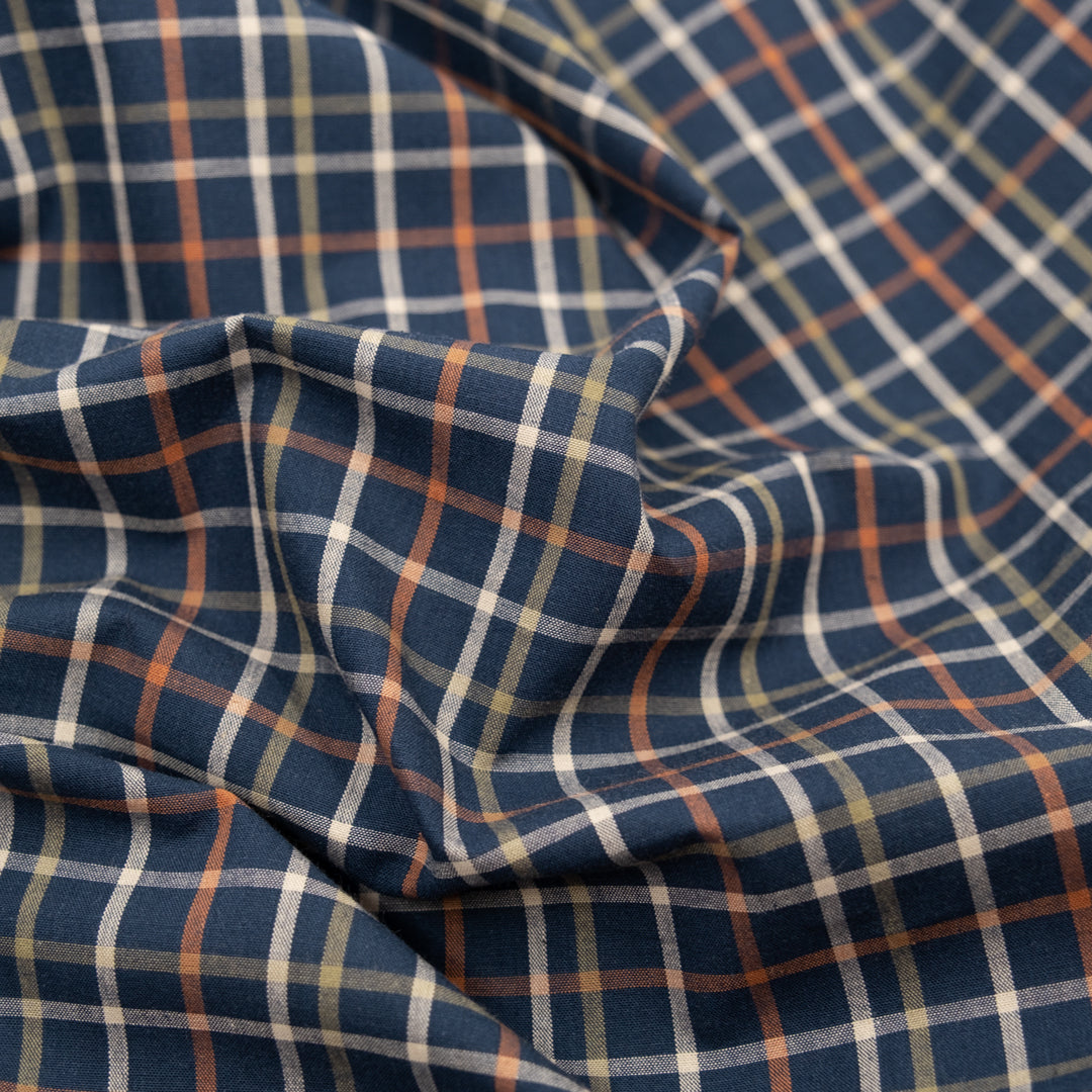 Camper Plaid Cotton Shirting - Navy/Tangerine/Ecru | Blackbird Fabrics