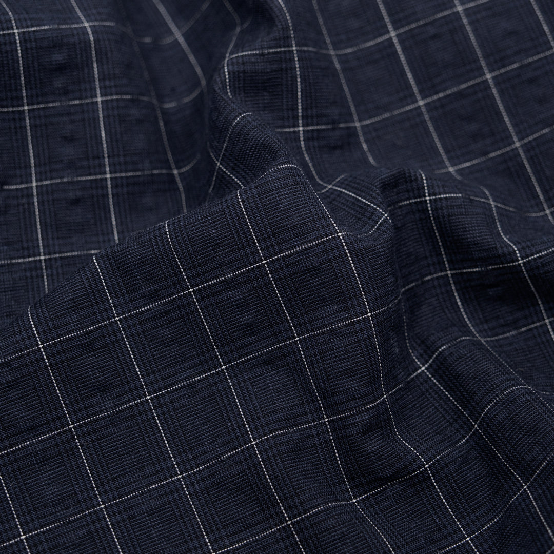 Puckered Plaid Cotton Shirting - Midnight Blue/White | Blackbird Fabrics