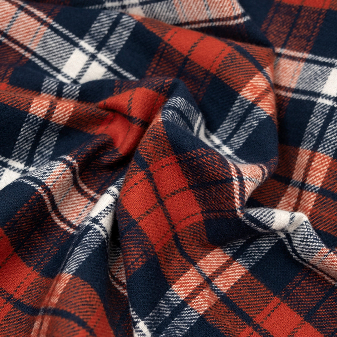 Cabin Plaid Midweight Cotton Flannel - Dark Denim/Pumpkin/White | Blackbird Fabrics