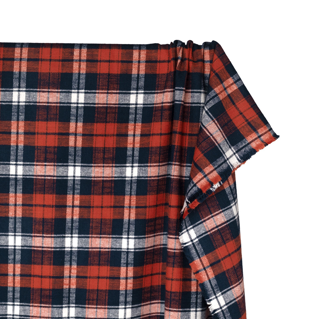 Cabin Plaid Midweight Cotton Flannel - Dark Denim/Pumpkin/White | Blackbird Fabrics