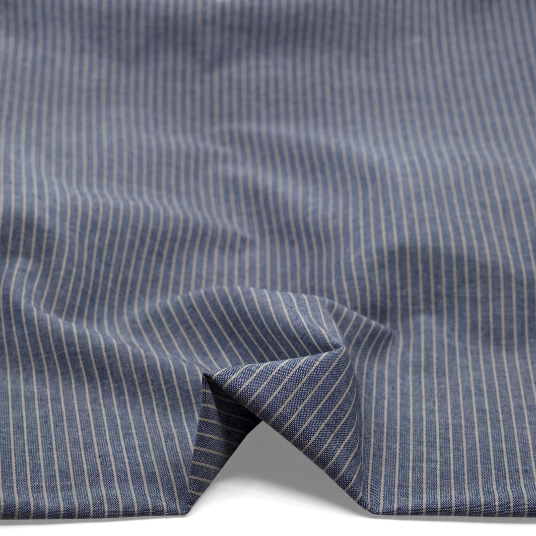 Beachside Stripe Cotton Linen Chambray - Navy/Pebble | Blackbird Fabrics
