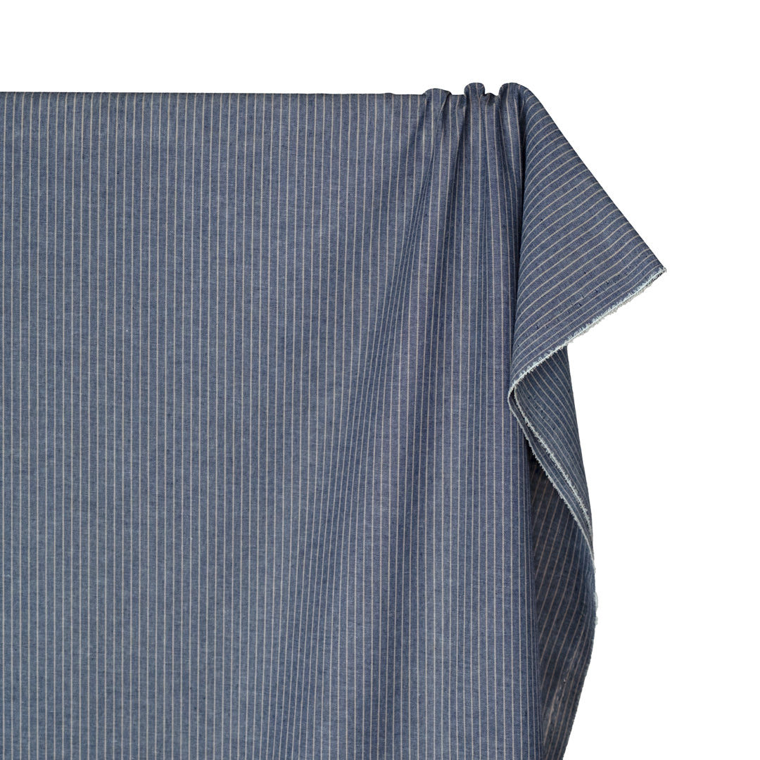 Beachside Stripe Cotton Linen Chambray - Navy/Pebble | Blackbird Fabrics