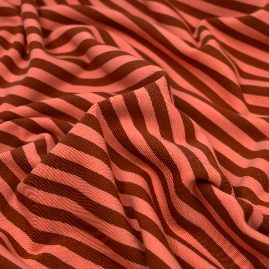Rugby Stripe Midweight Cotton Knit - Rust/Papaya | Blackbird Fabrics