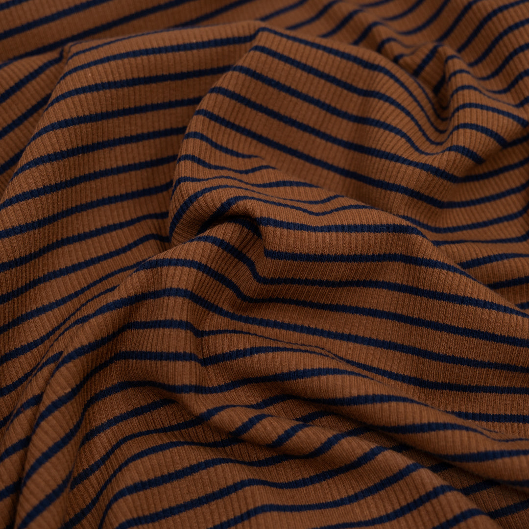 Café Stripe Cotton Rib Knit - Nutmeg/Navy | Blackbird Fabrics