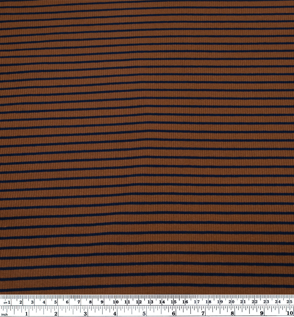 Café Stripe Cotton Rib Knit - Nutmeg/Navy | Blackbird Fabrics