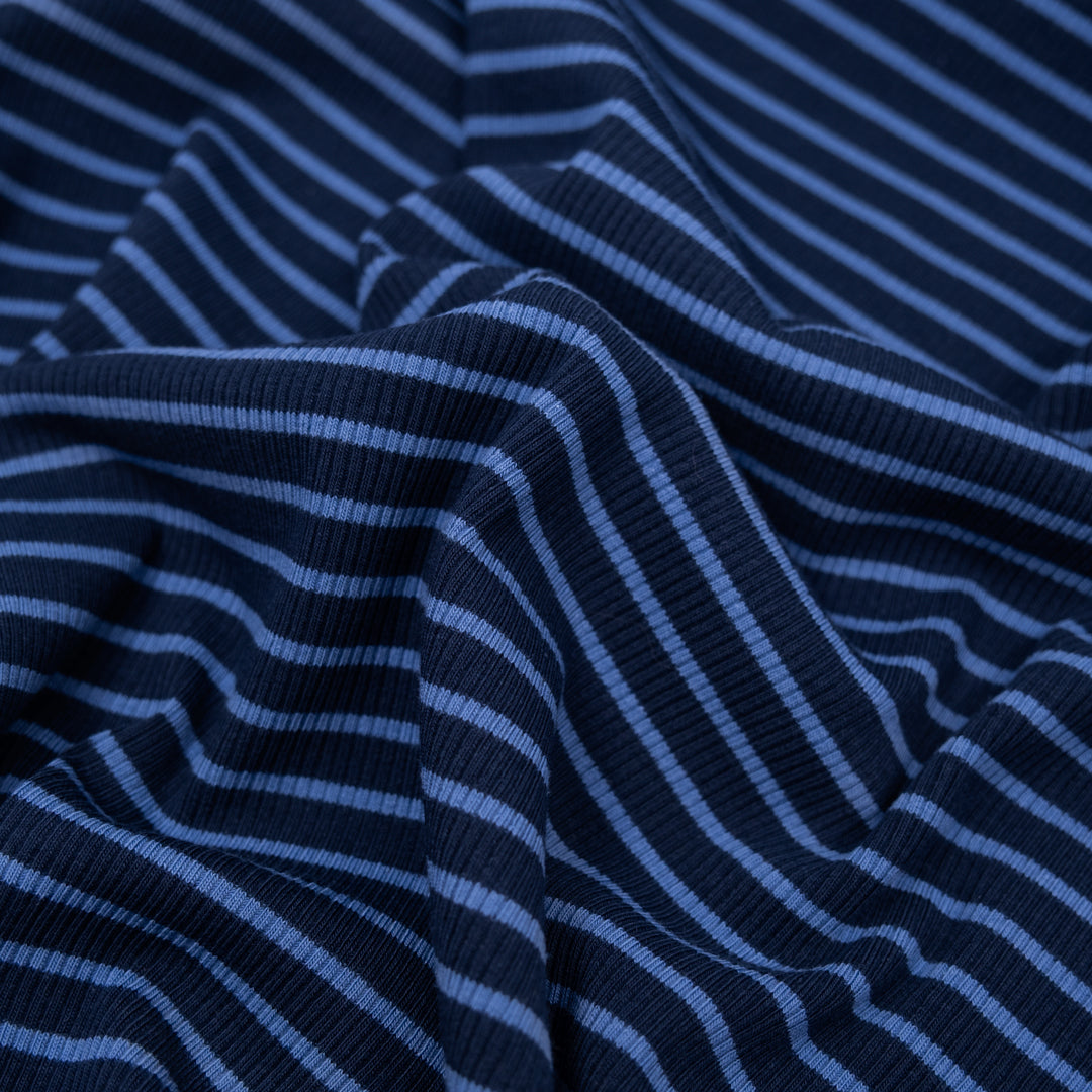 Café Stripe Cotton Rib Knit - Navy/Marlin | Blackbird Fabrics