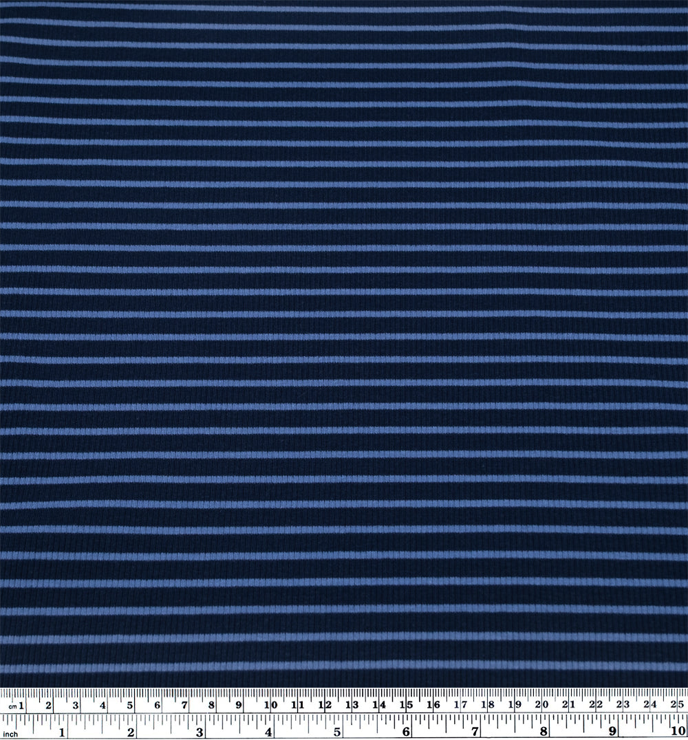 Café Stripe Cotton Rib Knit - Navy/Marlin | Blackbird Fabrics