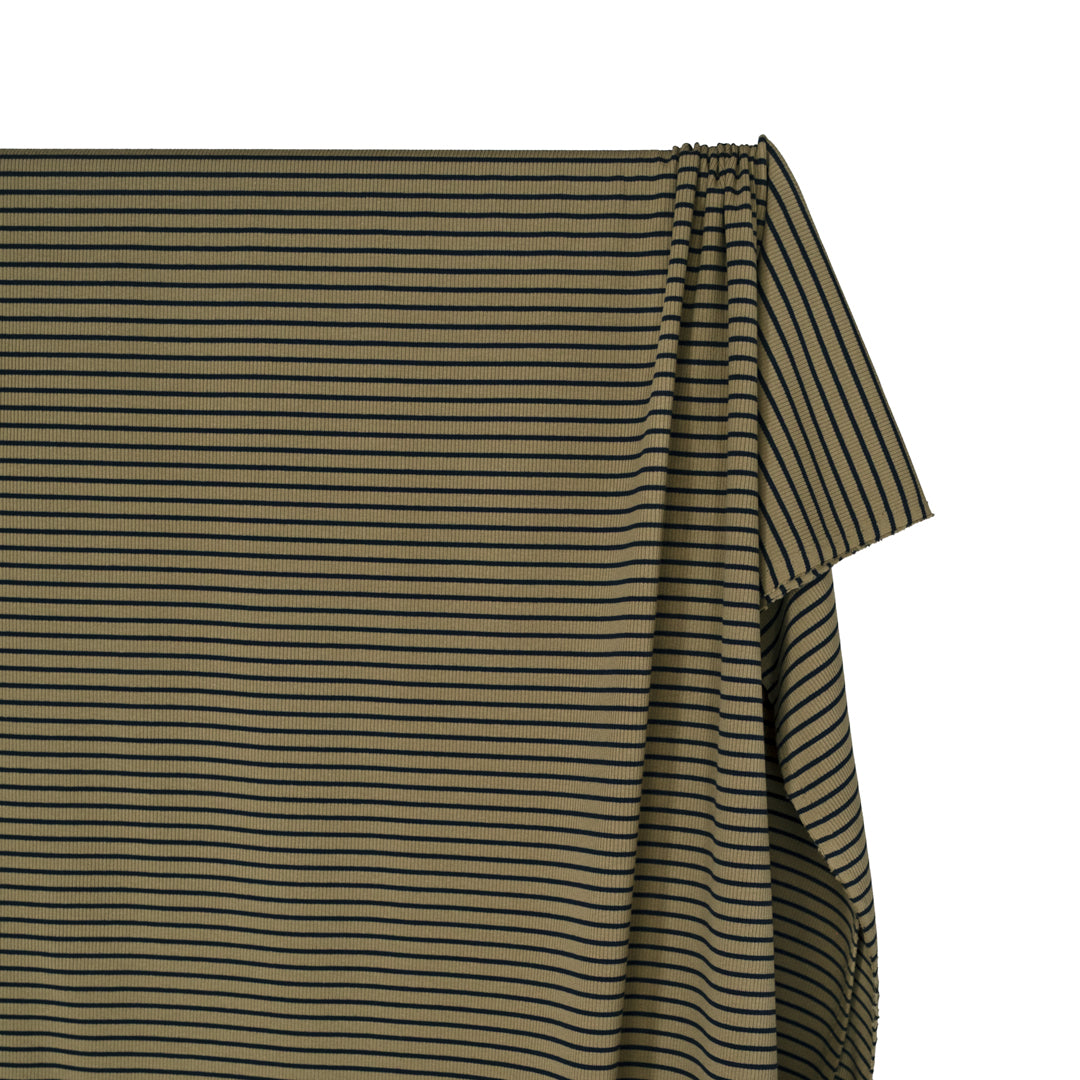 Café Stripe Cotton Rib Knit - Thyme/Navy | Blackbird Fabrics