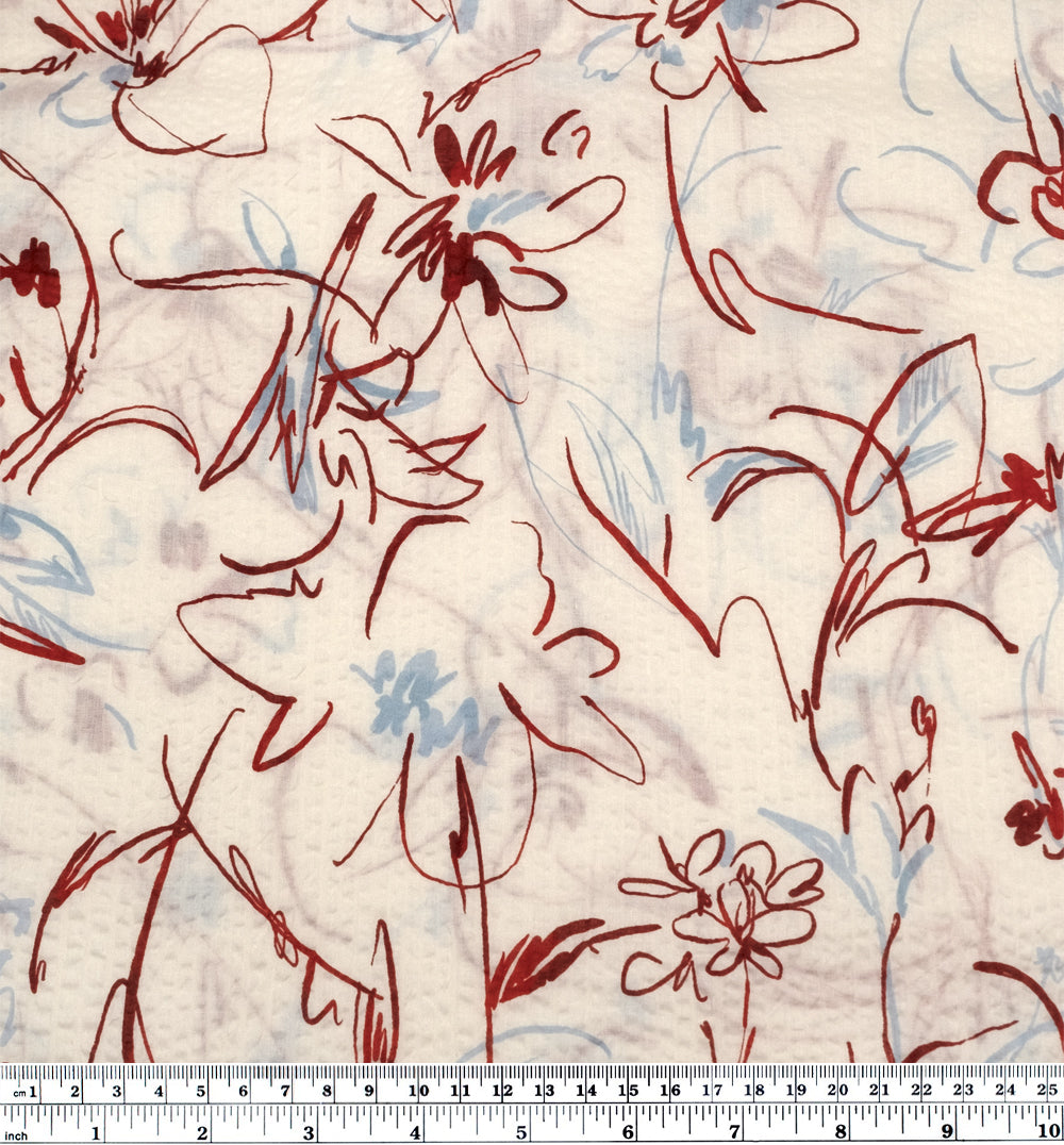 Garden Doodles Crinkle Cotton - Ivory/Red/Blue | Blackbird Fabrics