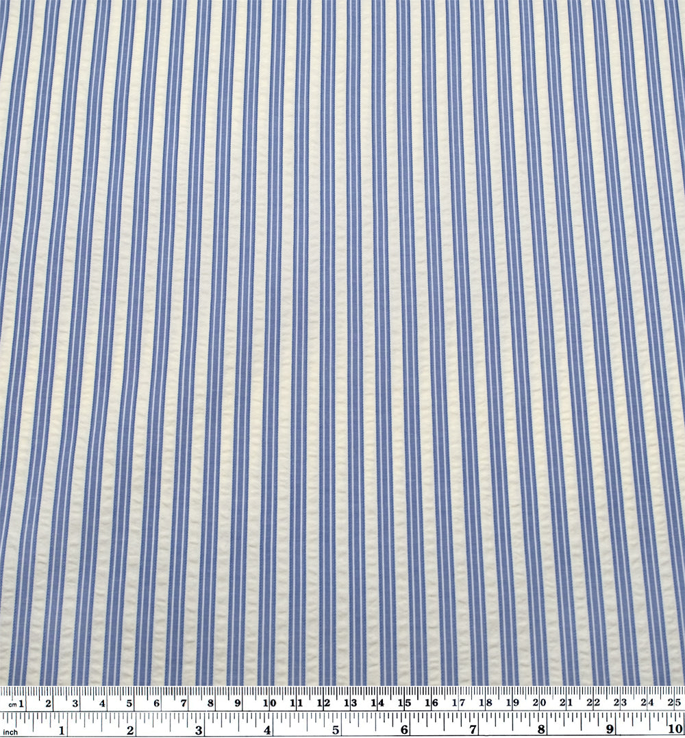 Medley Stripe Poly Cotton Seersucker - Cornflower | Blackbird Fabrics