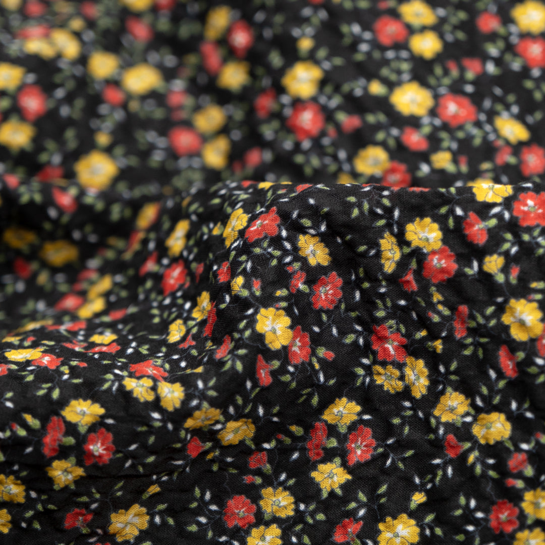 Prairie Floral Crinkle Cotton - Black/Crimson/Marigold | Blackbird Fabrics