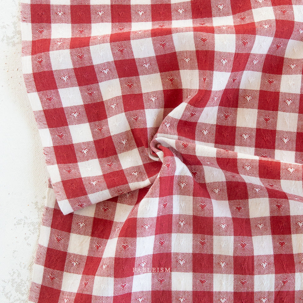 Fableism Dobby Hearts Gingham Cotton - Cherry | Blackbird Fabrics