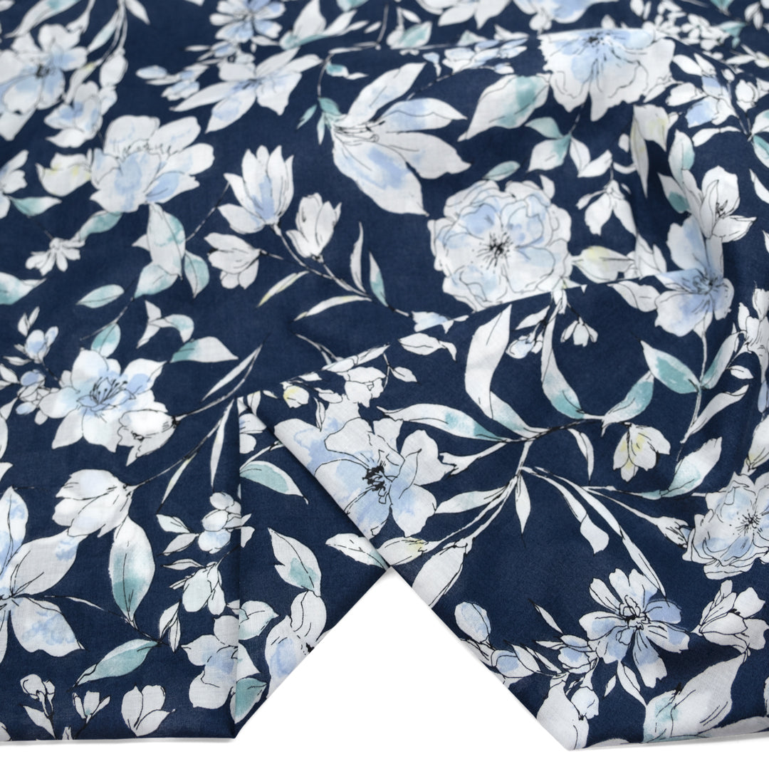 Sketched Floral Cotton Lawn - Navy/White/Sky | Blackbird Fabrics