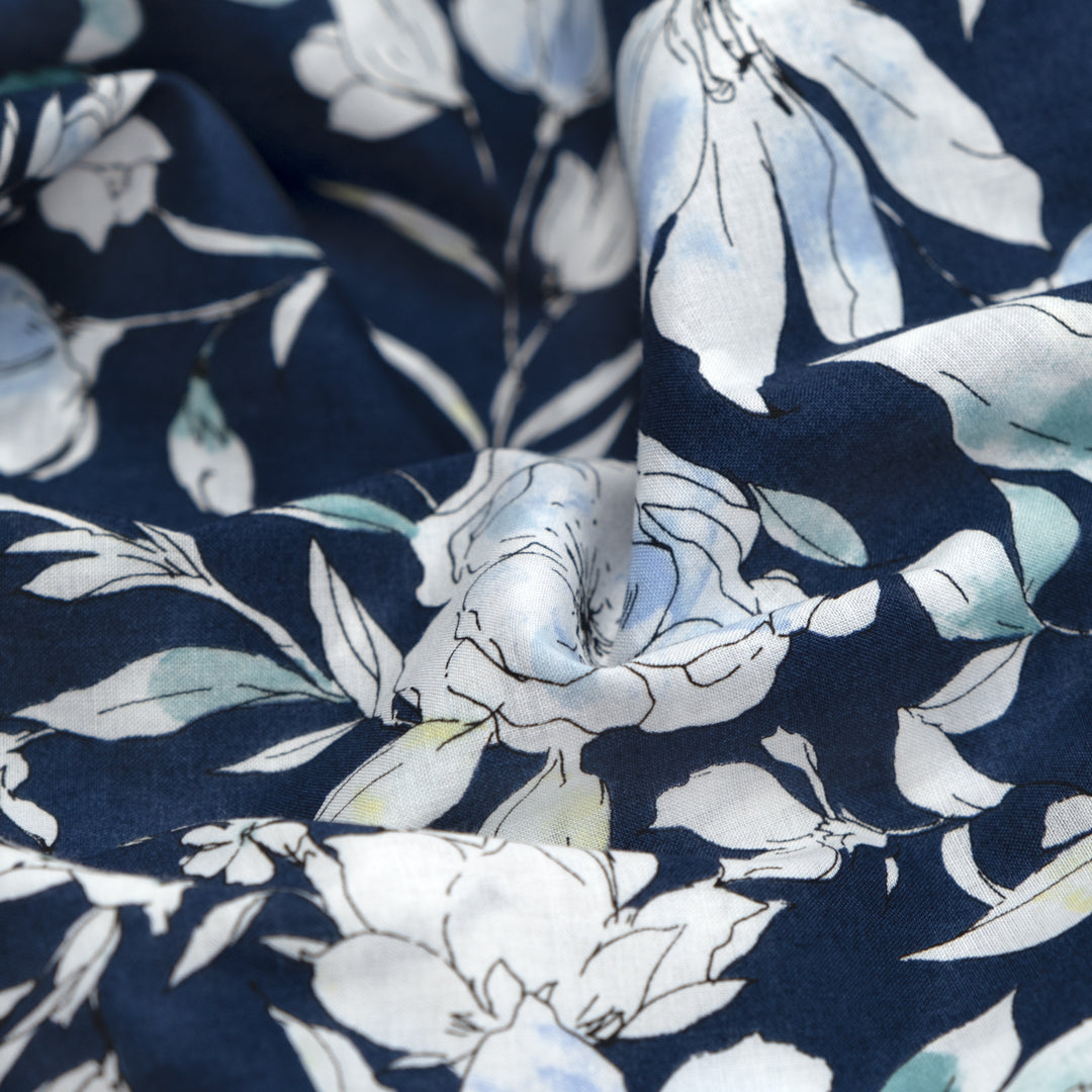 Sketched Floral Cotton Lawn - Navy/White/Sky | Blackbird Fabrics