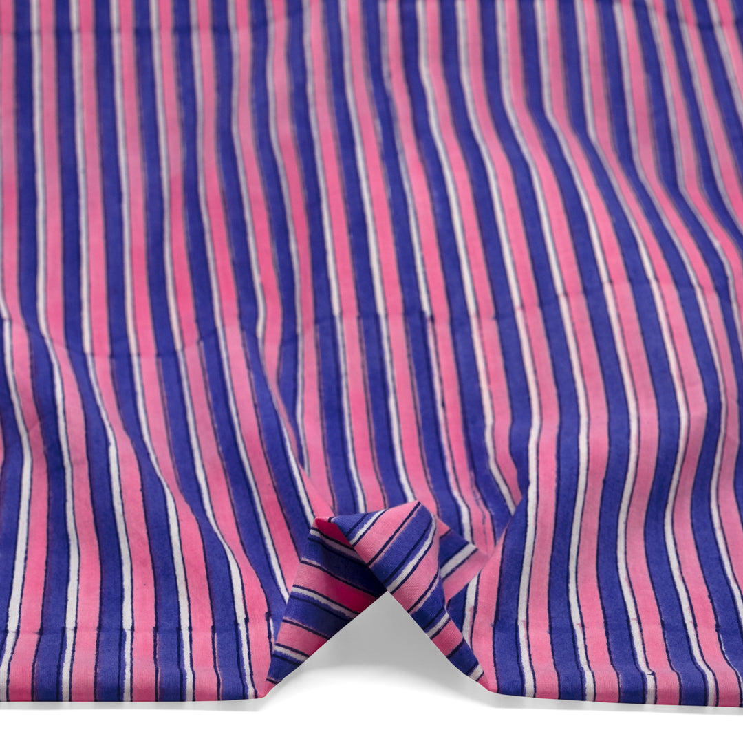 Wide Stripe Block Printed Organic Cotton Batiste - Candy Pink/Blueberry | Blackbird Fabrics