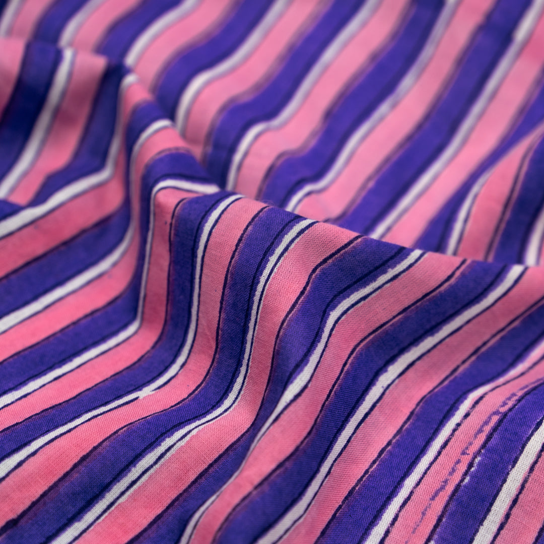 Wide Stripe Block Printed Organic Cotton Batiste - Candy Pink/Blueberry | Blackbird Fabrics