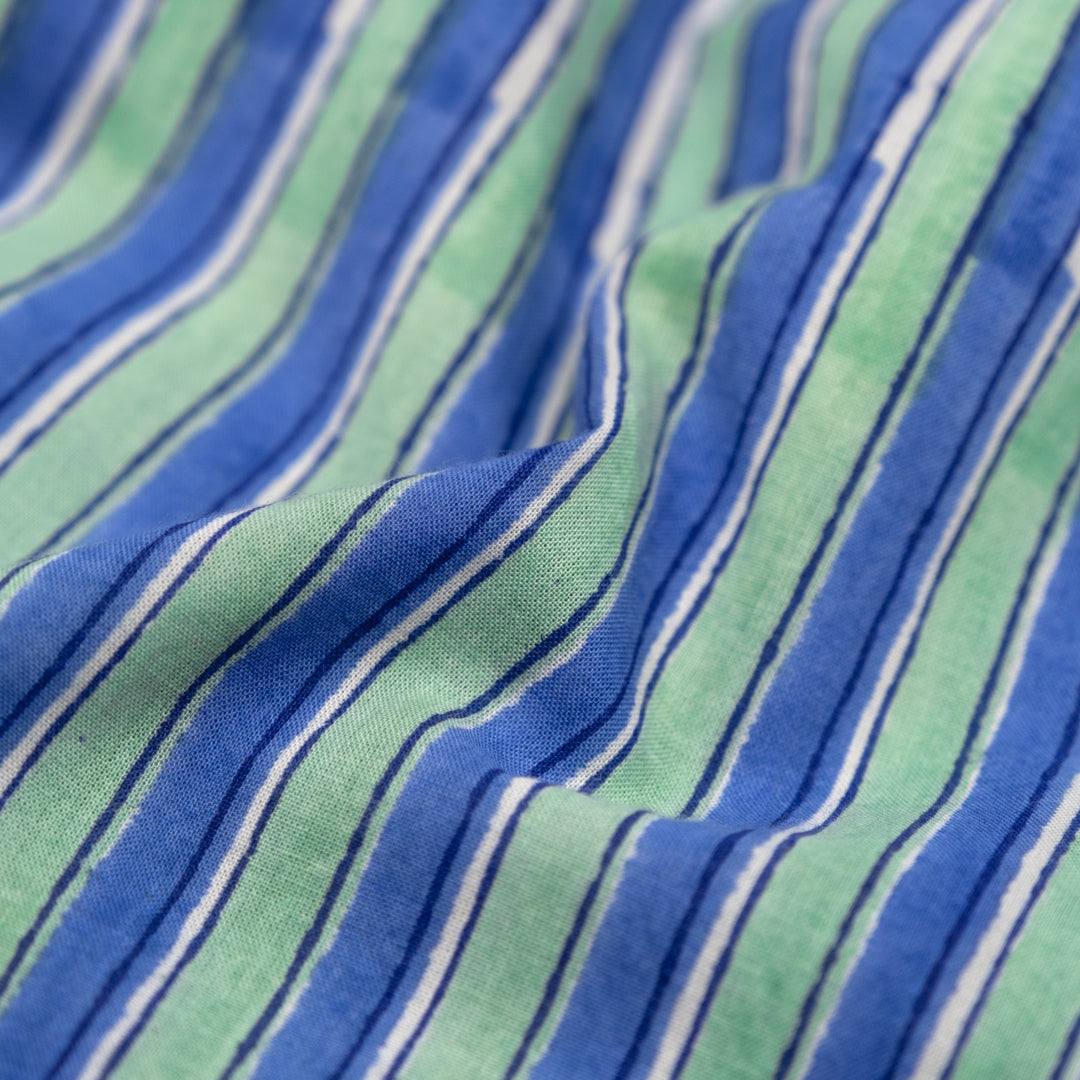 Wide Stripe Block Printed Organic Cotton Batiste - Celadon/Pacific | Blackbird Fabrics