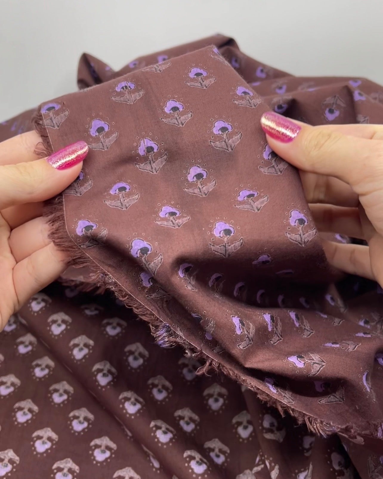 Bloom Block Printed Organic Cotton Batiste - Coffee Liqueur/Black/Lavender *Imperfect | Blackbird Fabrics