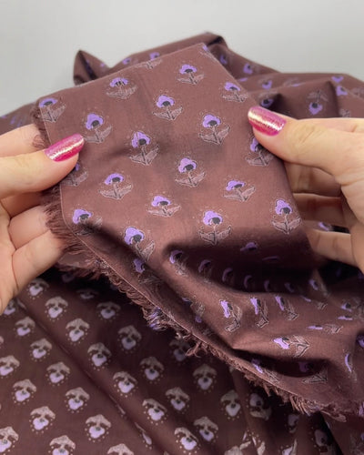 Bloom Block Printed Organic Cotton Batiste - Coffee Liqueur/Black/Lavender *Imperfect | Blackbird Fabrics