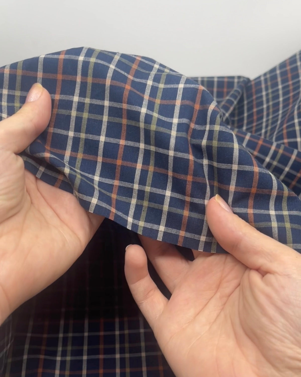 Camper Plaid Cotton Shirting - Navy/Tangerine/Ecru | Blackbird Fabrics