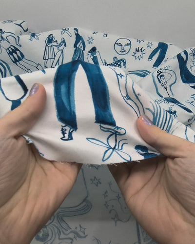 Deadstock Join The Party Stretch Cotton Sateen - White/Ocean | Blackbird Fabrics