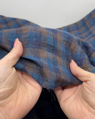 Medley Check Lightweight Stonewashed Linen - Ocean/Denim/Mink | Blackbird Fabrics
