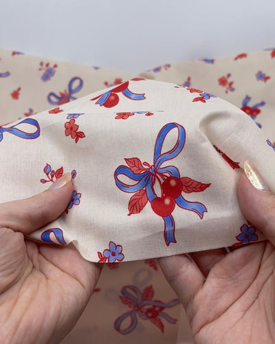 Sweet Treat Cotton Lawn -  Ivory/Cherry/Sky Blue | Blackbird Fabrics