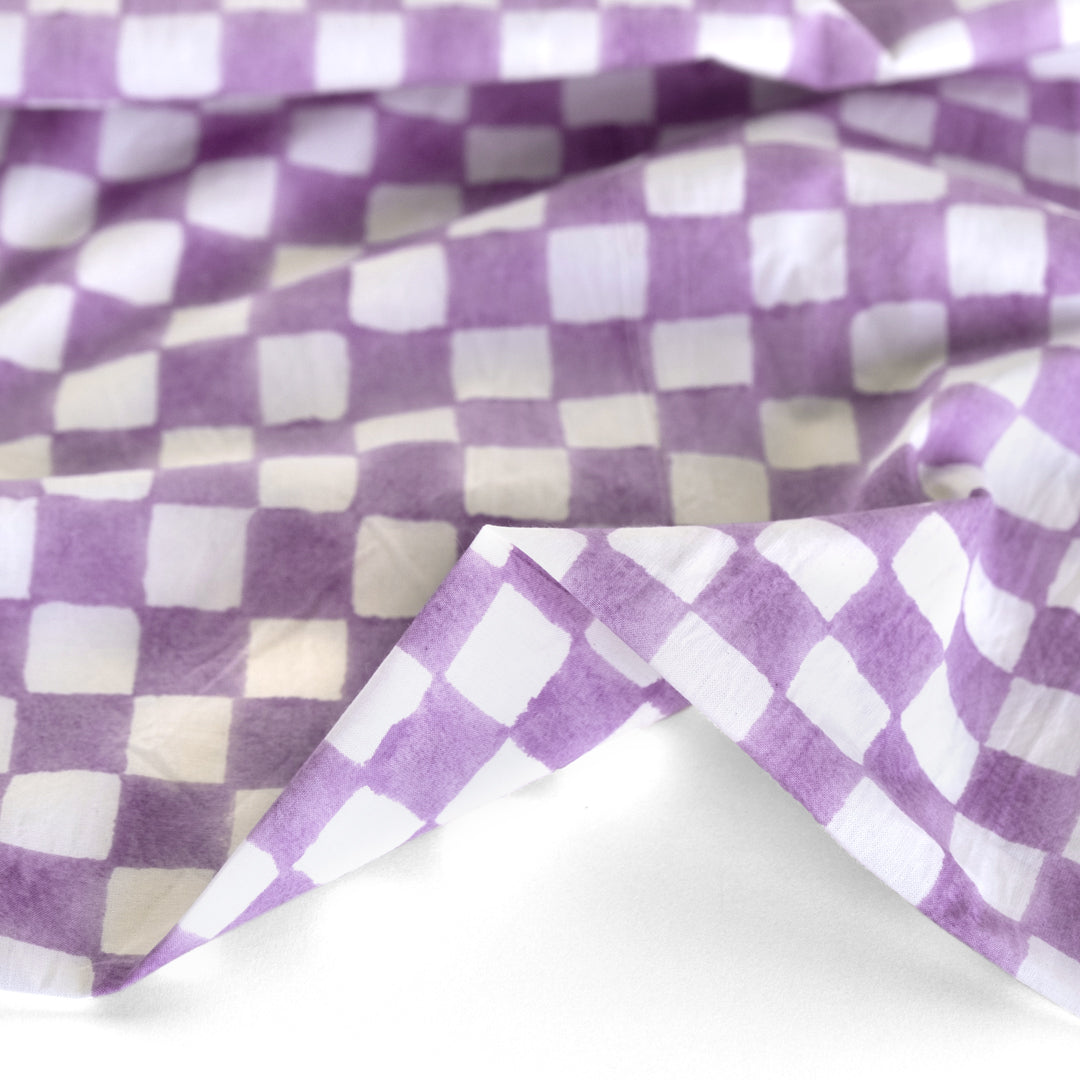 Checks Block Printed Organic Cotton Poplin - Lilac/White | Blackbird Fabrics