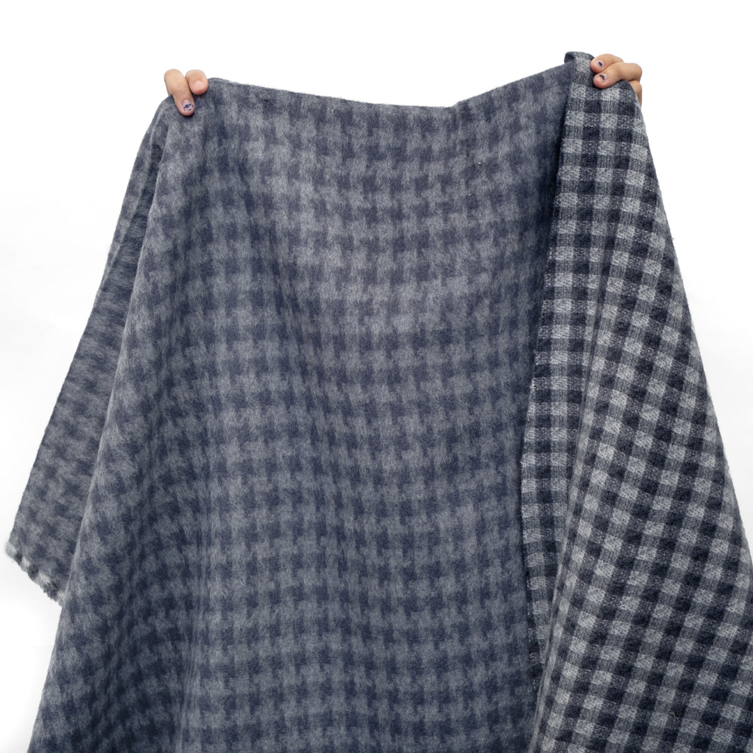 Deadstock Double Faced Houndstooth Check Wool Blend Coating - Storm Blue/Grey/White