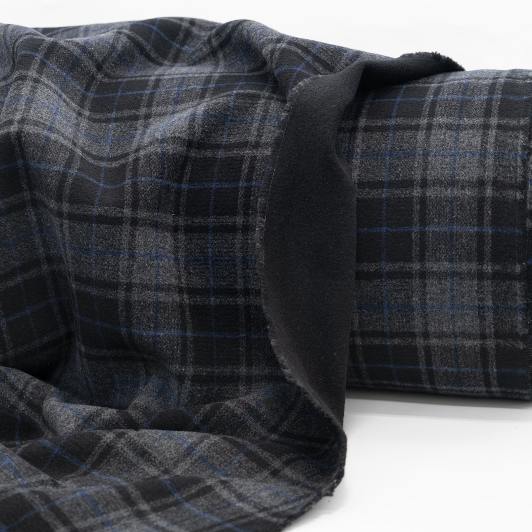 Deadstock Double Faced Plaid Wool Blend Coating - Black/Charcoal/Deep Blue