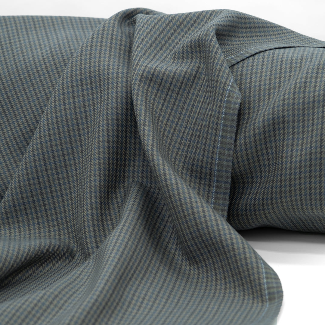 Deadstock Mini Houndstooth Wool Suiting - Slate Blue/Taupe/Grey