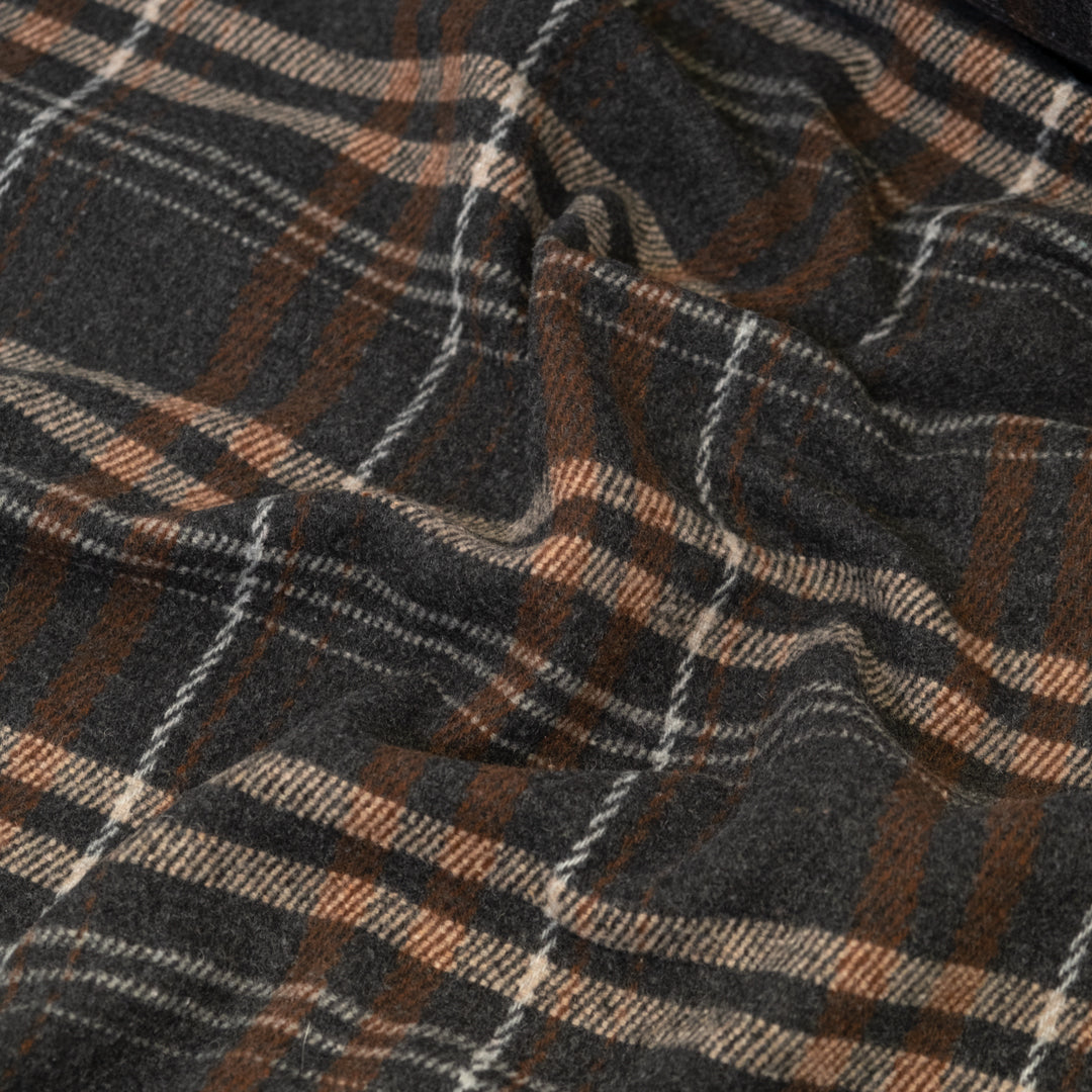 Deadstock Plaid Wool Blend Coating - Charcoal/Caramel/Beige